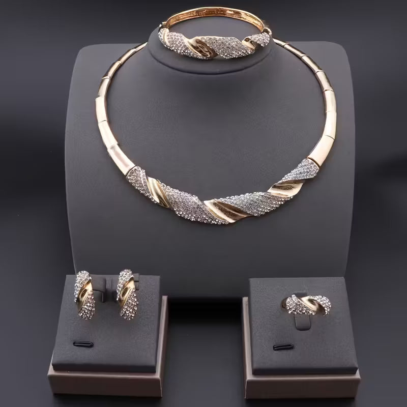 Glamoröst Halsband, Armband, Örhängen och Ring i Tvinnad Design